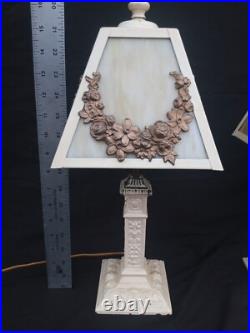 Pair Antique Panel Lamp Swag Overlay Slag Glass wired Boudoir 17.5 h