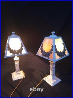 Pair Antique Panel Lamp Swag Overlay Slag Glass wired Boudoir 17.5 h