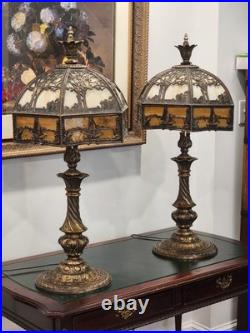 Pair Antique Slag Glass Banquet Table Lamps Metal Overlay Sailboat 1920's