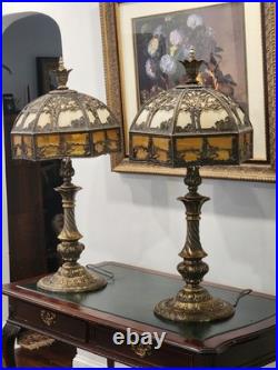 Pair Antique Slag Glass Banquet Table Lamps Metal Overlay Sailboat 1920's