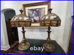 Pair Antique Slag Glass Banquet Table Lamps Metal Overlay Sailboat 1920's