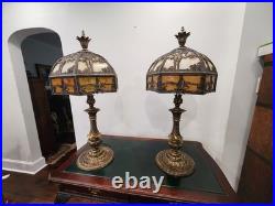 Pair Antique Slag Glass Banquet Table Lamps Metal Overlay Sailboat 1920's