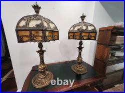 Pair Antique Slag Glass Banquet Table Lamps Metal Overlay Sailboat 1920's