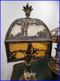Pair Antique Slag Glass Banquet Table Lamps Metal Overlay Sailboat 1920's
