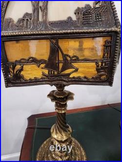 Pair Antique Slag Glass Banquet Table Lamps Metal Overlay Sailboat 1920's