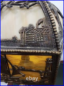 Pair Antique Slag Glass Banquet Table Lamps Metal Overlay Sailboat 1920's
