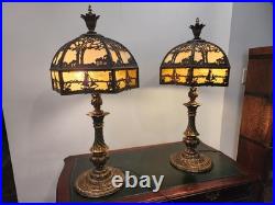 Pair Antique Slag Glass Banquet Table Lamps Metal Overlay Sailboat 1920's