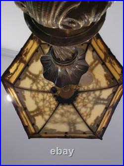 Pair Antique Slag Glass Banquet Table Lamps Metal Overlay Sailboat 1920's