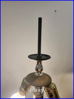 Pair Antique Slag Glass Banquet Table Lamps Metal Overlay Sailboat 1920's