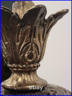 Pair Antique Slag Glass Banquet Table Lamps Metal Overlay Sailboat 1920's