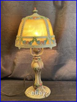Pair Antique Slag Glass Metal Boudoir Lamps