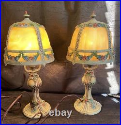 Pair Antique Slag Glass Metal Boudoir Lamps
