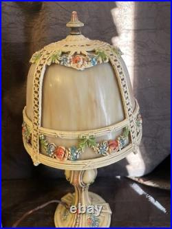 Pair Antique Slag Glass Metal Boudoir Lamps