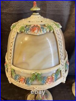 Pair Antique Slag Glass Metal Boudoir Lamps