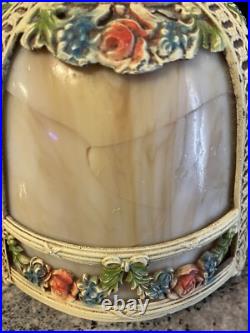 Pair Antique Slag Glass Metal Boudoir Lamps