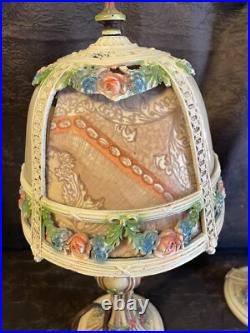 Pair Antique Slag Glass Metal Boudoir Lamps