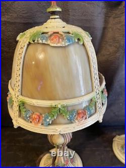 Pair Antique Slag Glass Metal Boudoir Lamps