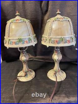 Pair Antique Slag Glass Metal Boudoir Lamps