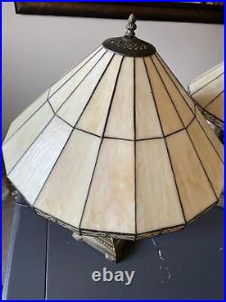 Pair Huge Vintage Slag Glass Mission Style Lamps 20 diameter Shades /28 high