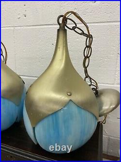 Pair Mid Century Slag Blue Glass Tulip Lamp Shades Hanging Ceiling Union Made