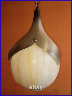 Pair Mid Century Slag Carmel Glass Tulip Lamp Shades Hanging Ceiling Lights