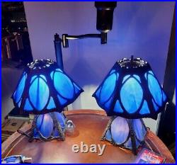 Pair Of Antique Blue Slag Glass Lamps