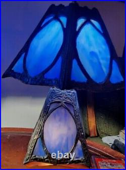 Pair Of Antique Blue Slag Glass Lamps