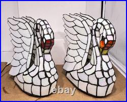 Pair Of Iridescent Stain Glass Swan Table Lamps 1999