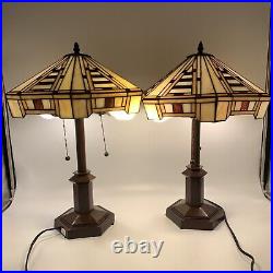 Pair Of Slag Glass Table Lamp Double Socket