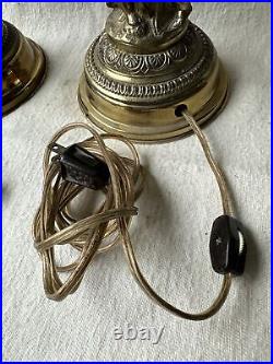 Pair Of Vintage Brass & Slag Glass Cherub Lantern Lamps