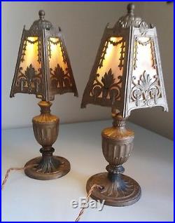 Pair Ornate Antique Carmel Slag Glass Boudoir Lamps 1920s