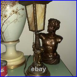Pair Slag Glass cherub brass and metal Mantle Lamps