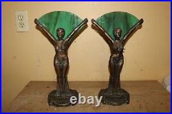 Pair Vintage Art Deco 1930's Frankart Nude Lady Table Lamps Slag Glass Panels