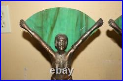 Pair Vintage Art Deco 1930's Frankart Nude Lady Table Lamps Slag Glass Panels