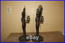Pair Vintage Art Deco 1930's Frankart Nude Lady Table Lamps Slag Glass Panels