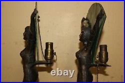 Pair Vintage Art Deco 1930's Frankart Nude Lady Table Lamps Slag Glass Panels