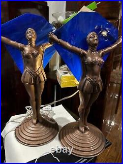 Pair Vintage Art Deco 1930's Nude Lady Table Lamps Blue Slag Glass & Metal Pair Vintage Art Deco 1930's Nude Lady Table Lamps Blue Slag Glass & Metal