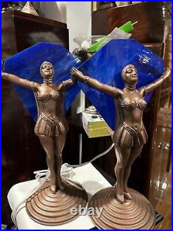 Pair Vintage Art Deco 1930's Nude Lady Table Lamps Blue Slag Glass & Metal Pair Vintage Art Deco 1930's Nude Lady Table Lamps Blue Slag Glass & Metal