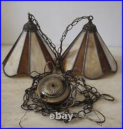 Pair Vintage Ceiling Lamp Slag Glass Carmel Ceiling Fixtures 11.5 Swag Pendants