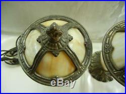 Pair of Antique 4 Panel Caramel Bent Slag Glass Cast Metal Boudoir Table Lamps