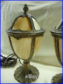 Pair of Antique 4 Panel Caramel Bent Slag Glass Cast Metal Boudoir Table Lamps