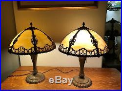 Pair of Antique Art Nouveau Slag Glass Table Lamp