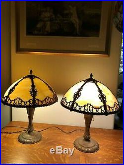 Pair of Antique Art Nouveau Slag Glass Table Lamp