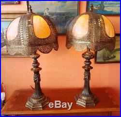 Pair of Antique Victorian decorative pierced Metal and Slag Glass Table Lamps