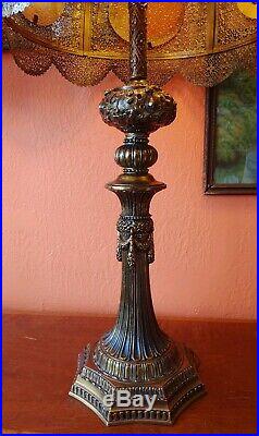 Pair of Antique Victorian decorative pierced Metal and Slag Glass Table Lamps