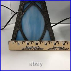 Pair of Art Nouveau Blue Slag Glass Table Lamp with Matching Light Up Base