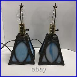 Pair of Art Nouveau Blue Slag Glass Table Lamp with Matching Light Up Base