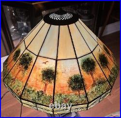 Pair of Hand Painted Slag Glass Arts & Crafts Lamp Shades-42 Panels-Signed Pair of Hand Painted Slag Glass Arts & Crafts Lamp Shades-42 Panels-Signed