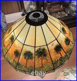 Pair of Hand Painted Slag Glass Arts & Crafts Lamp Shades-42 Panels-Signed Pair of Hand Painted Slag Glass Arts & Crafts Lamp Shades-42 Panels-Signed