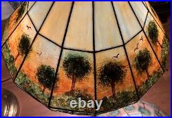 Pair of Hand Painted Slag Glass Arts & Crafts Lamp Shades-42 Panels-Signed Pair of Hand Painted Slag Glass Arts & Crafts Lamp Shades-42 Panels-Signed